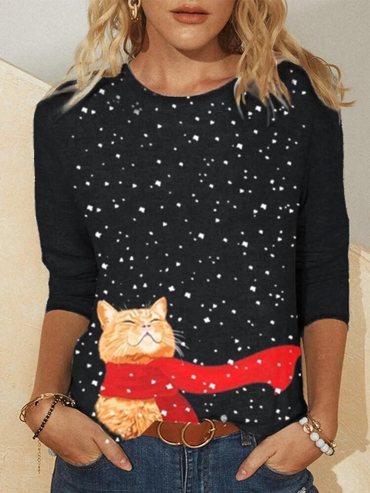 Women's Knitted Long Sleeve Animal Print Round Neck T-Shirt, European and American Style, 2023.