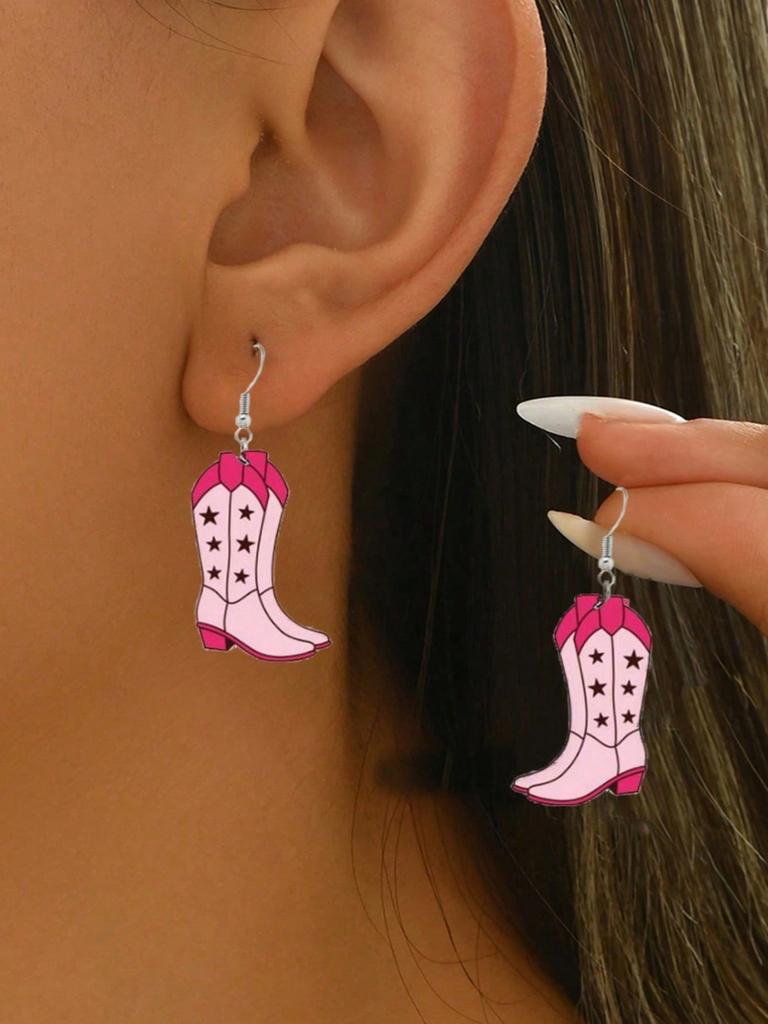 1 Pair Western Cowgirl Style Versatile Pink Acrylic Wavy Cowboy Boot Drop Earrings, Suitable For Women Party And Everyday Wear