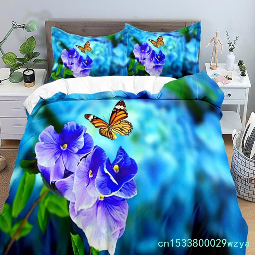 3D Bunter Schmetterling Bettbezug Natürliches Blumen- und Schmetterlingsmuster Bettwäscheset für Mädchen Frauen Mikrofaser mit Kissenbezügen