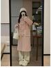 Women's Korean Pink Lambswool Tweed Coat: Winter 2025, Horn Button, Loose Fit