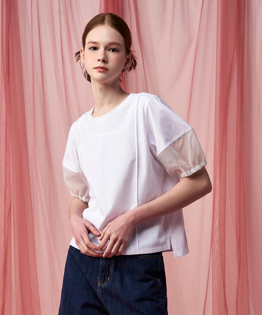 Pelimela Organza Puff Sleeve T-Shirt (White)