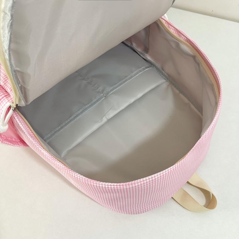 Kawaii Checkered Nylon Backpack with Fluffy Poodle Embroidery Sweet Style Women's School & Daily Bag