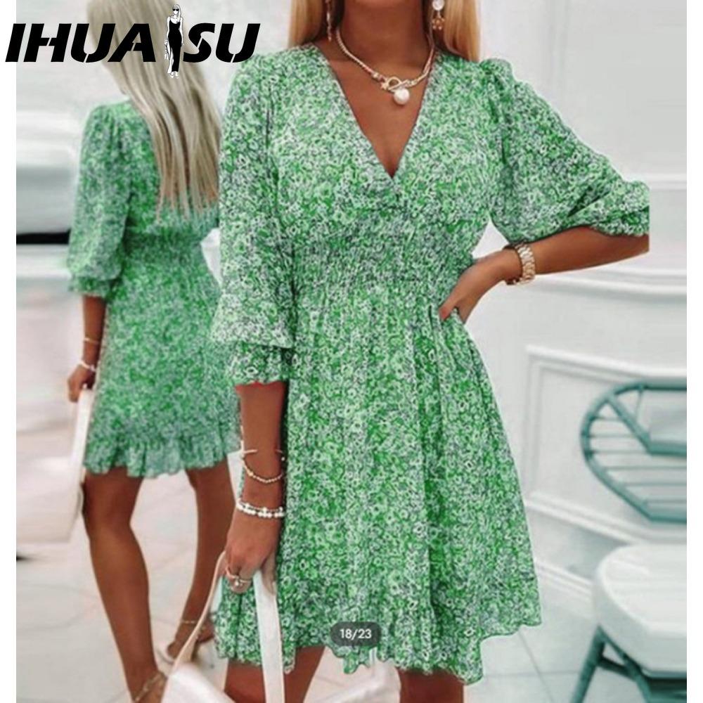 IHUASU Summer Floral Print Mini Dresses Women Vintage Sexy A-Line V-Neck Half Sleeve Party Dress Female Casual Elegant Beach Dress