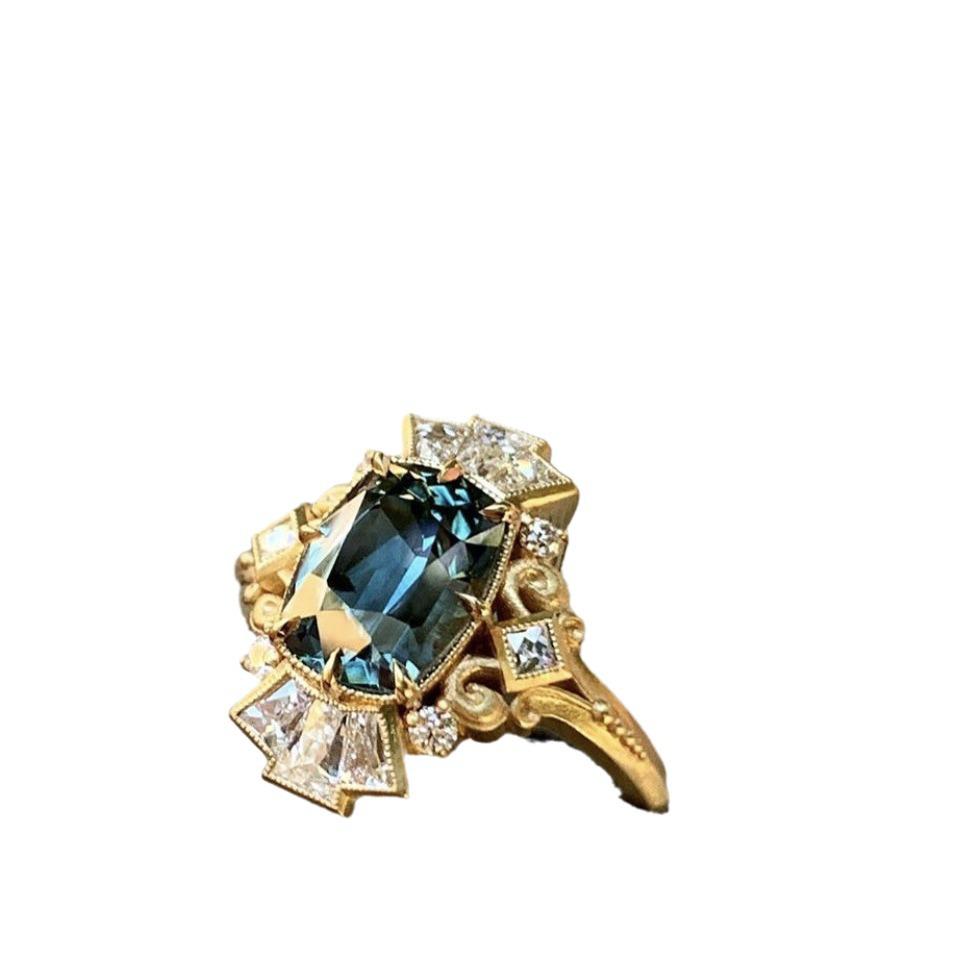 Three Heroes Gold-Plated Zircon Rings with Irregular Aquamarine Design for Women