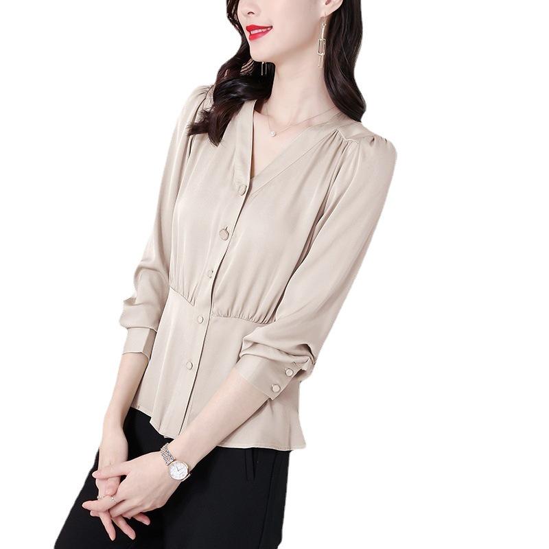 2023 Women's V-Neck Satin Silk Long Sleeve Top - Autumn Fashion Slim Waist Design