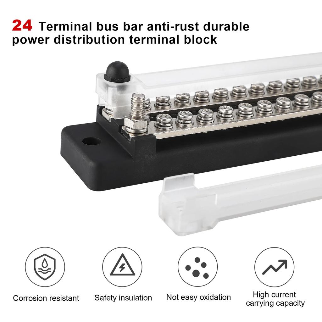 New Dual Row 12 Terminal 150A Bus Bar Kit, 24 Way High Current Power Distribution Block Ground Terminal for Car Boat Trailer RV