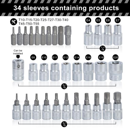 Universal Impact Socket Set, E10-E24 External Torque Socket Kit, Wrench Impact Socket, Metric Socket Set Auto Repair Tool (19Pcs/Set, 34Pcs/Set)