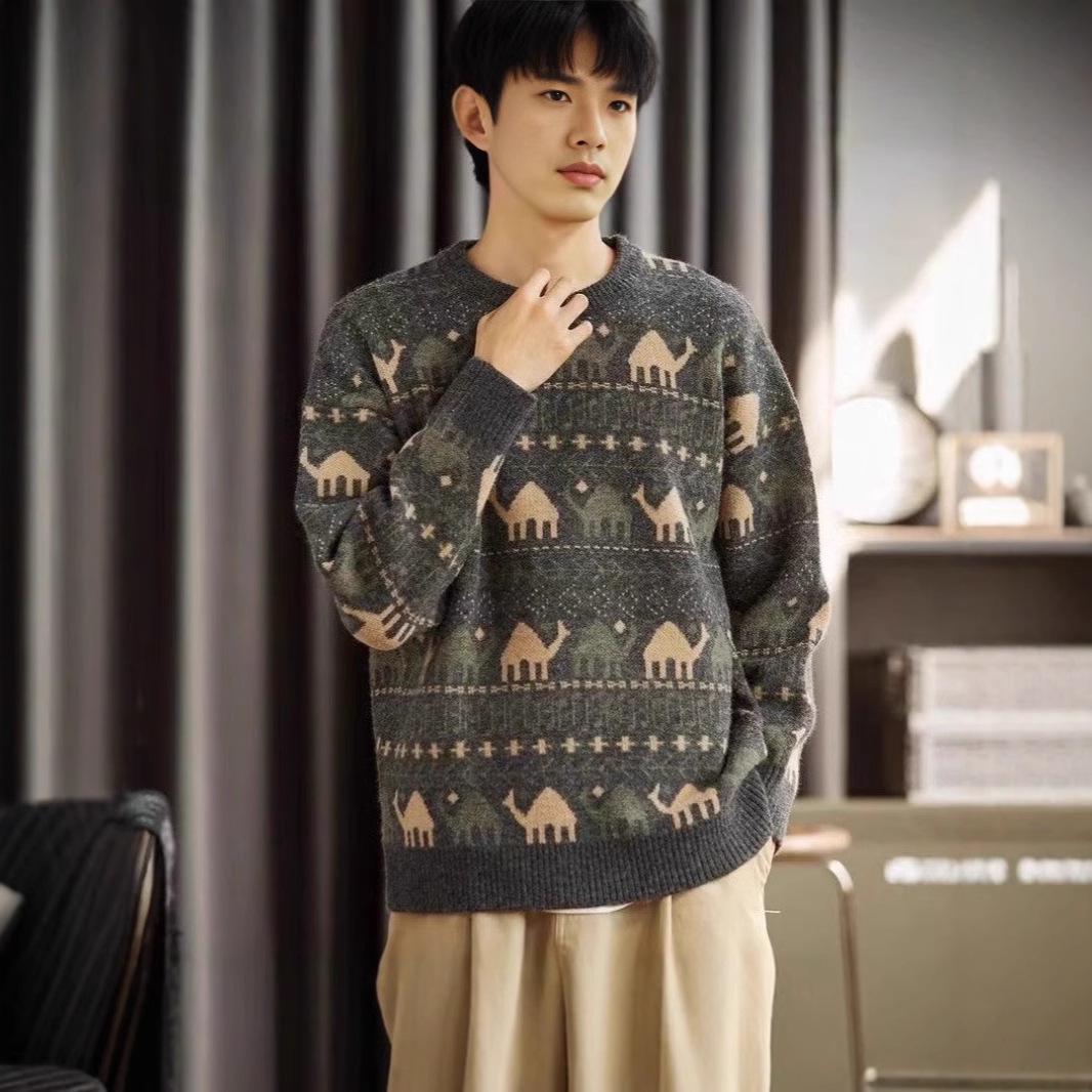 

Ethnic Style Men s Retro Knit Sweater - Autumn Winter Round Neck Loose Fit Double Extra Large синій