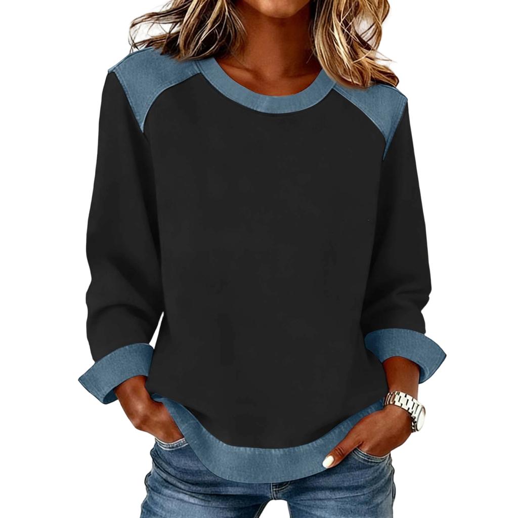 Women Denim Collar Patchwork Stitching Sweatshirt Casual  Pullover Long Sleeve Shirts