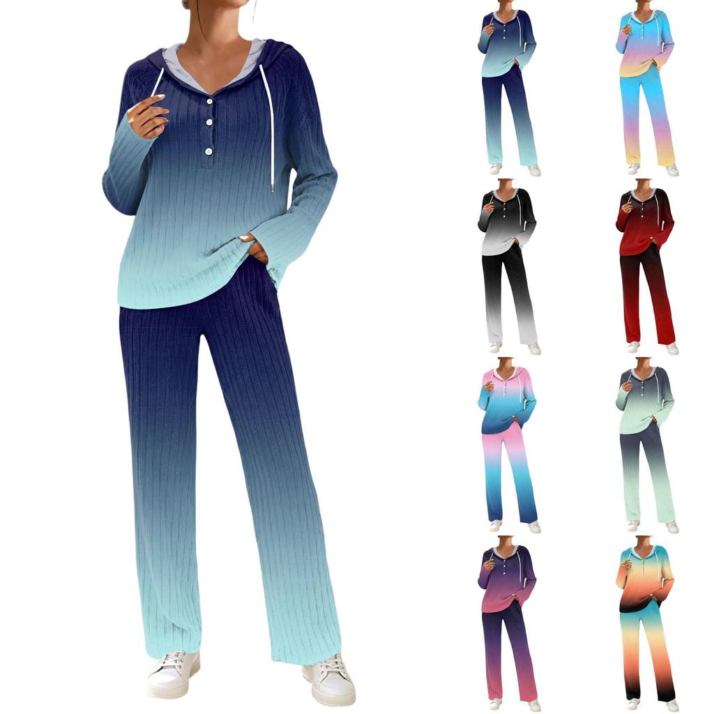 Women's Casual V-Neck Printed Hooded Pajama Set with Pockets Long Sleeve Loose Fit Loungewear