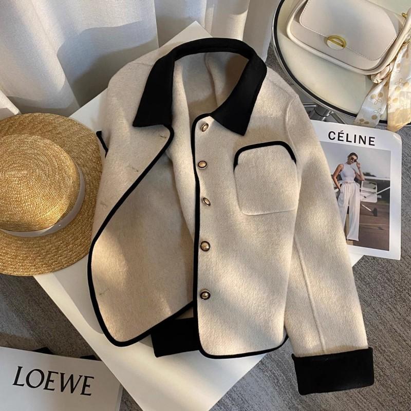 Womens Beige Double-Sided Wool Blend Short Coat Winter French Chic Casual Outerwear