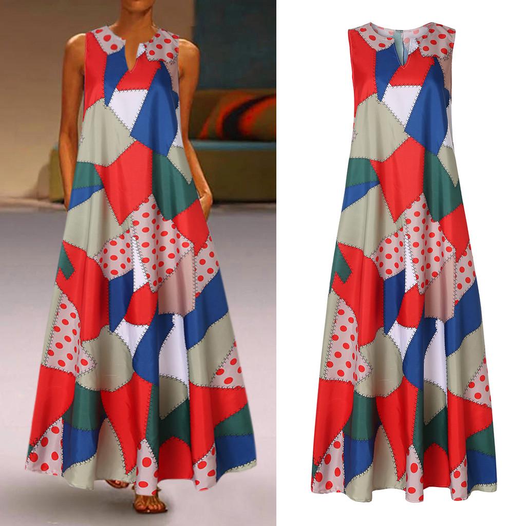 Women Plus Size Print Daily Casual Sleeveless Vintage Bohemian V Neck Maxi Dress