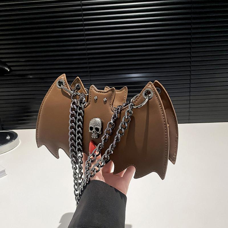 Gothic Style Bat & Skull PU Leather Shoulder Bag Vintage Solid Color Crossbody Bag with Adjustable Chain Strap for Outings, and Everyday Use