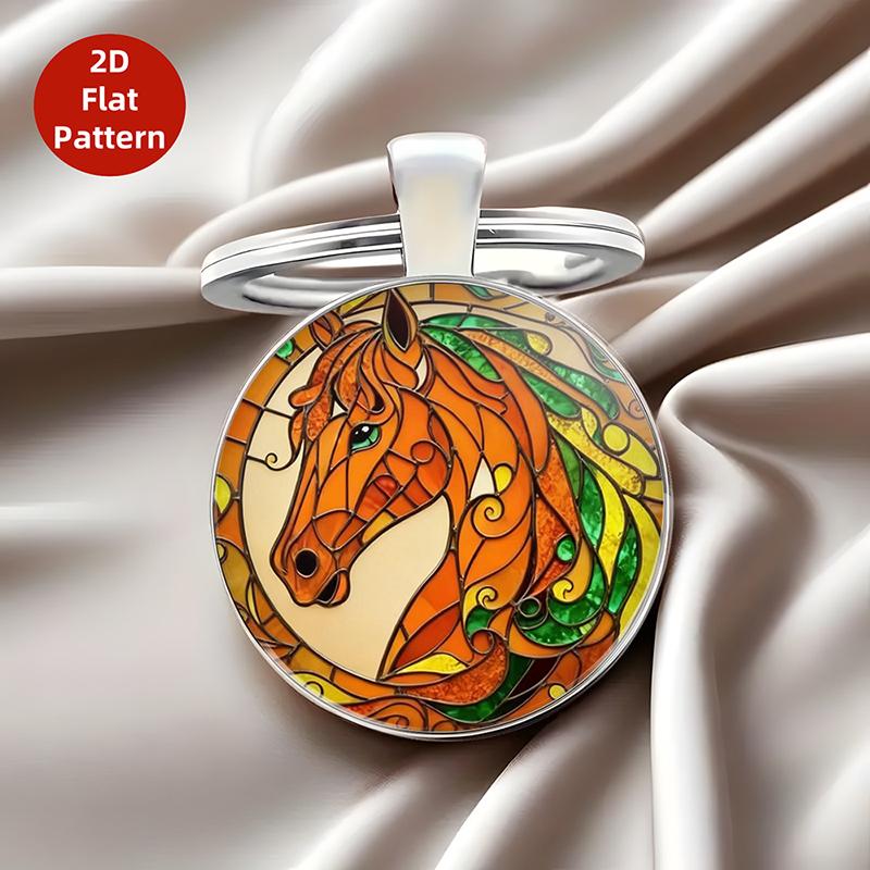 Retro Zodiac Horse Pattern Zinc Alloy Circular Keychain Car Backpack Hangings Decoration