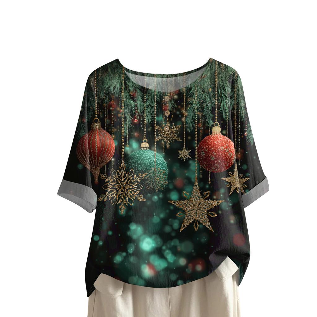 Women's Fashionable And Casual Shirt Half-sleeve Round Neck Print Cotton And Linen Blouse Top