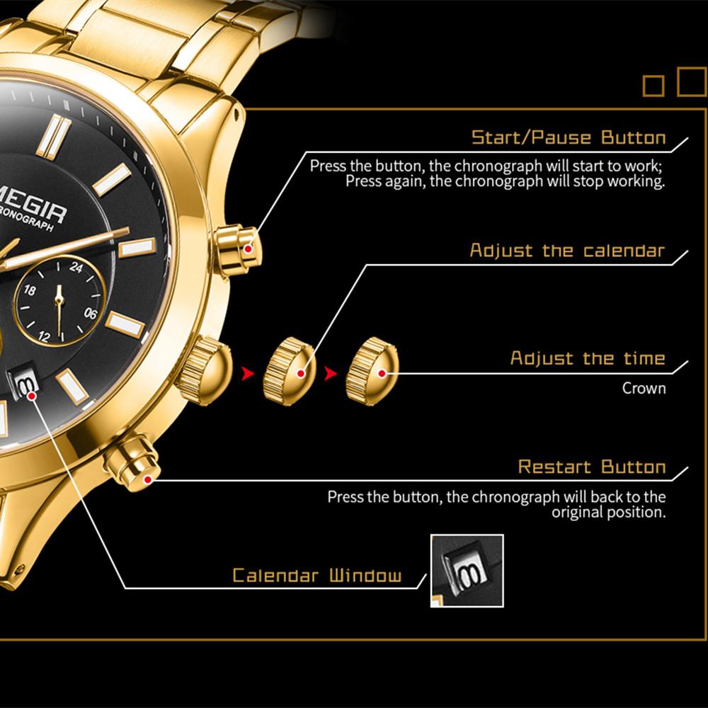 MEGIR Luxury Business Quartz Watch for Men Stainless Steel Strap Luminous Date Waterproof Male Casual Wristwatch Chronograph Clock 2150