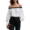 Women's Off-Shoulder Chiffon Blouse with Black Trim and Long Puff Sleeves