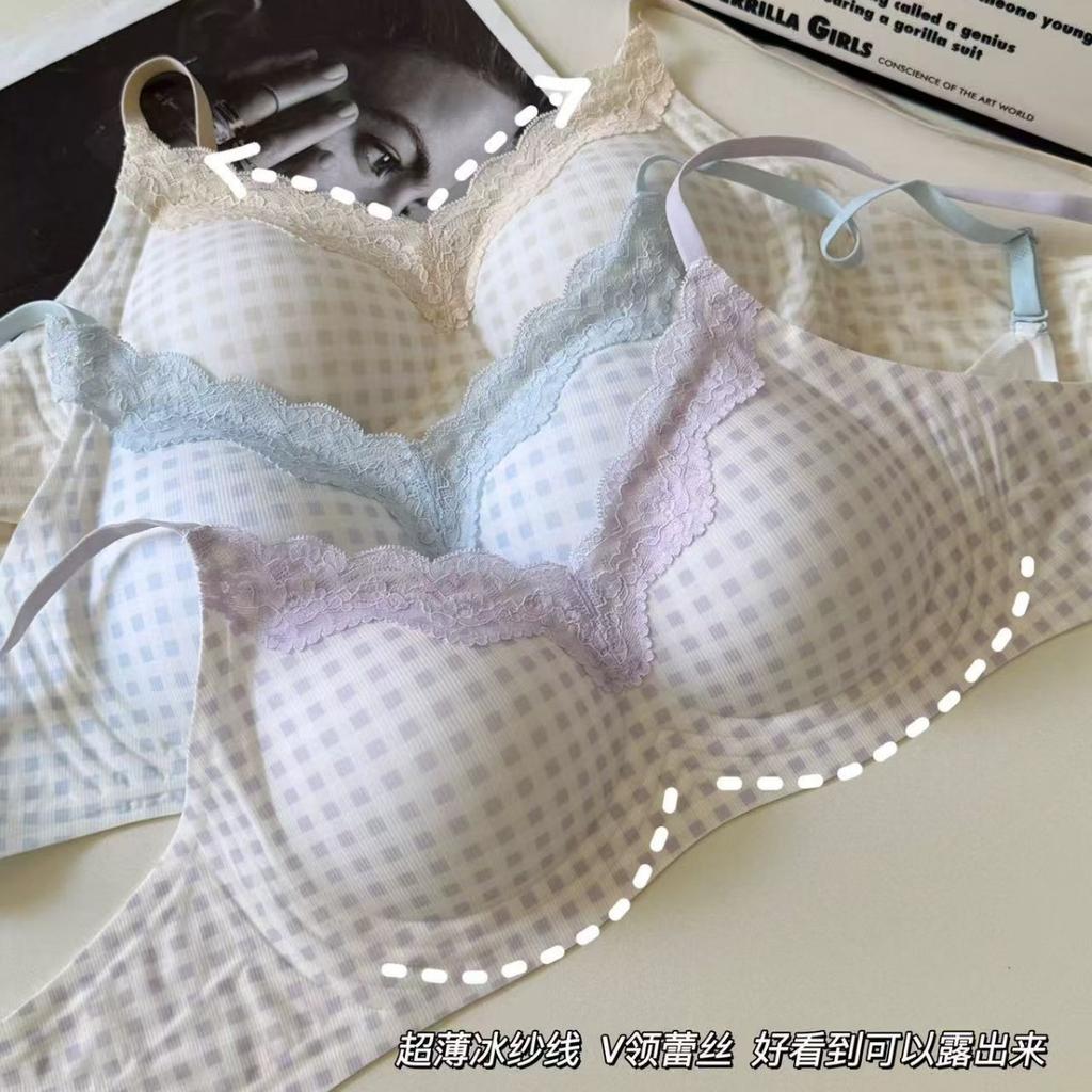 Traceless small breasts gather lace V-neck close double breasts waffle large breasts show small bra thin