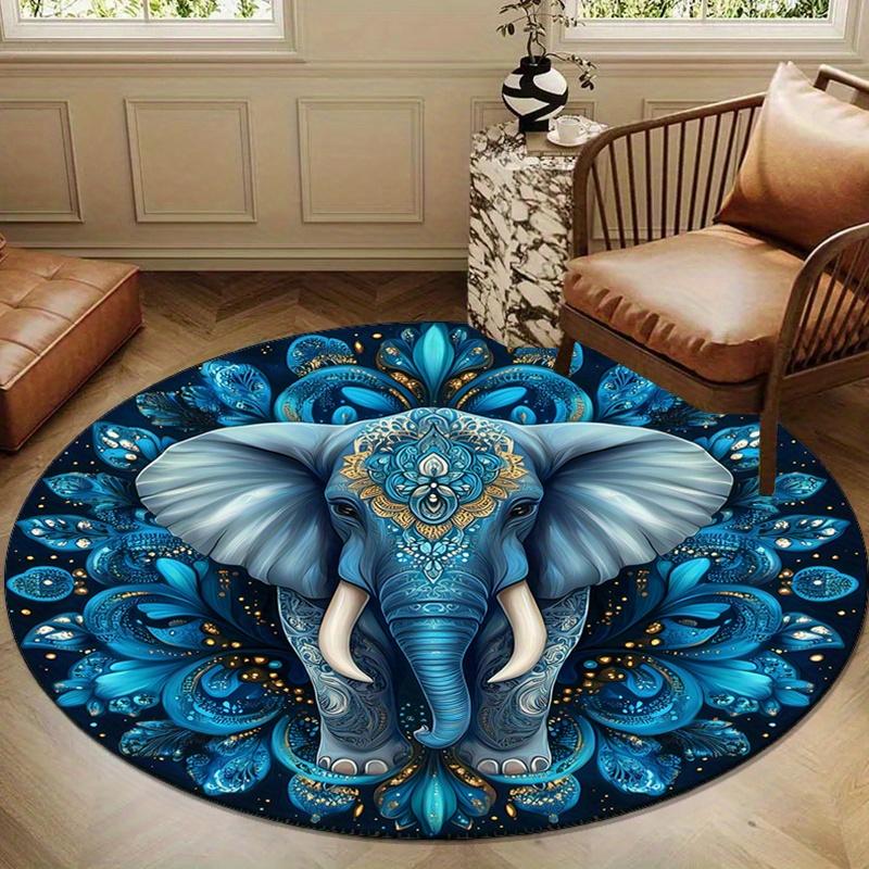 Blue Floral Mysterious Totem Elephant Pattern Print Round Carpet - Suitable for Bedroom, Living Room, and Home Decoration