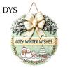 Winter Atmosphere Decor Christmas Wooden Welcome Sign for Front Door, Round Hanging Ornament with Santa Claus Snowman Art Artificial Pine Branches
