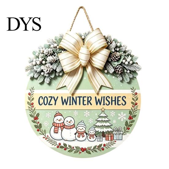 Winter Atmosphere Decor Christmas Wooden Welcome Sign for Front Door, Round Hanging Ornament with Santa Claus Snowman Art Artificial Pine Branches