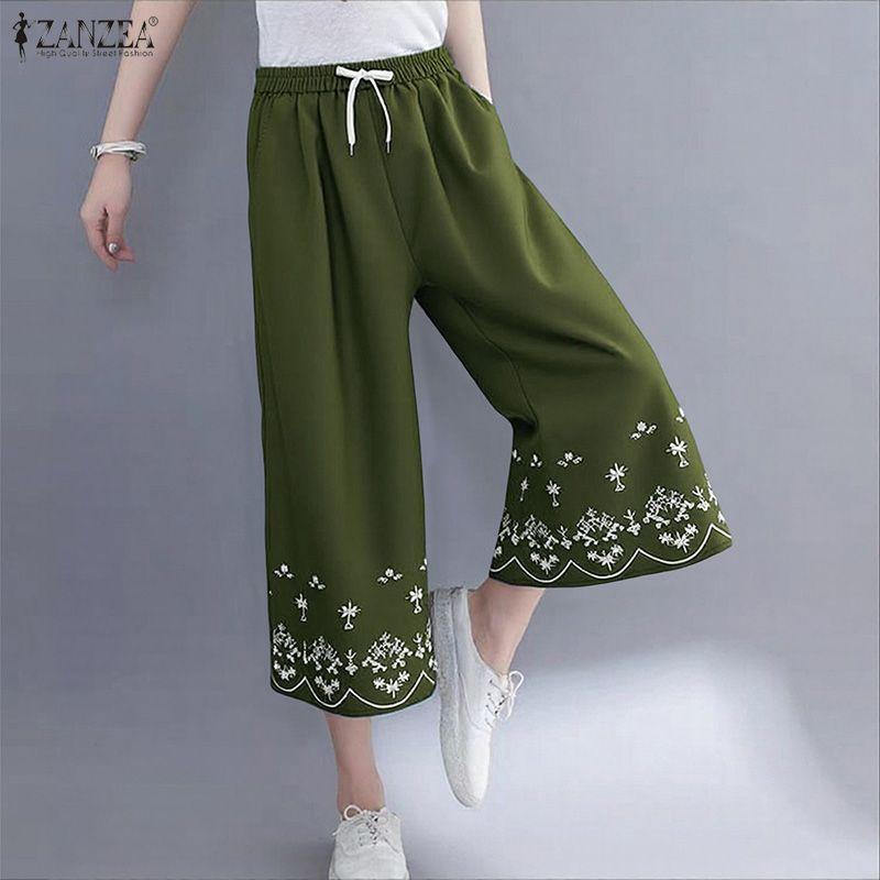 ZANZEA Women Casual Elastic Waist Loose Print Cropped Pants
