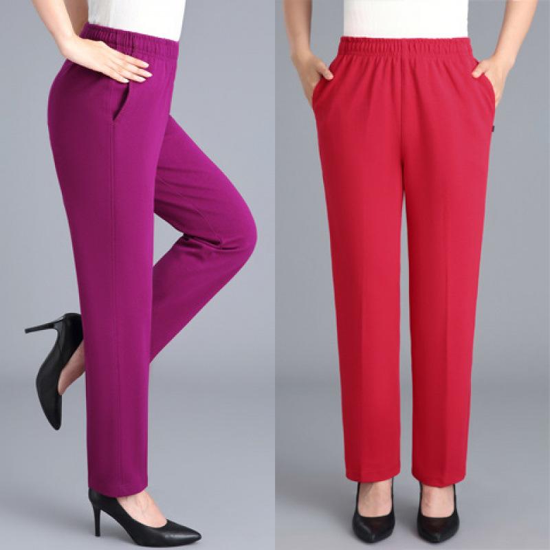 Black Cotton Middle-aged Mother Trousers Loose Elastic Waist Casual Pants Spring Autumn Loose Solid Women's Straight Pants