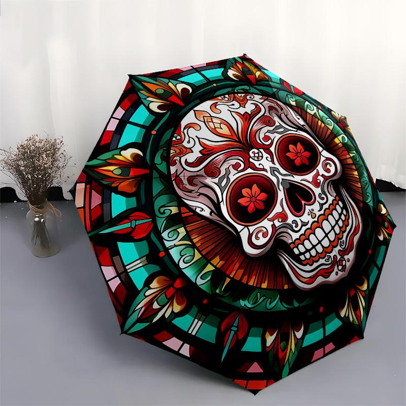Colorful Sugar Skull Stained DecorUmbrella, Portable 3-Fold Compact Umbrella,Christmas Gift ES647