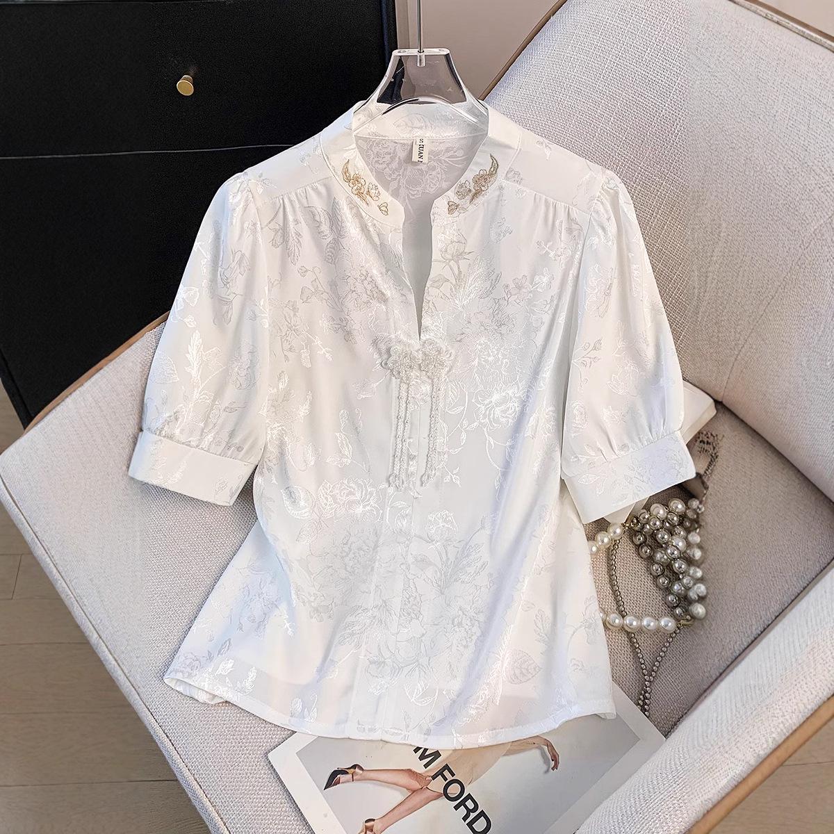 

Летняя женская блузка из жаккардового сатина с застежкой на пуговицу-лягушку - Новый китайский стиль, Свободный крой, Приталенная рубашка Large