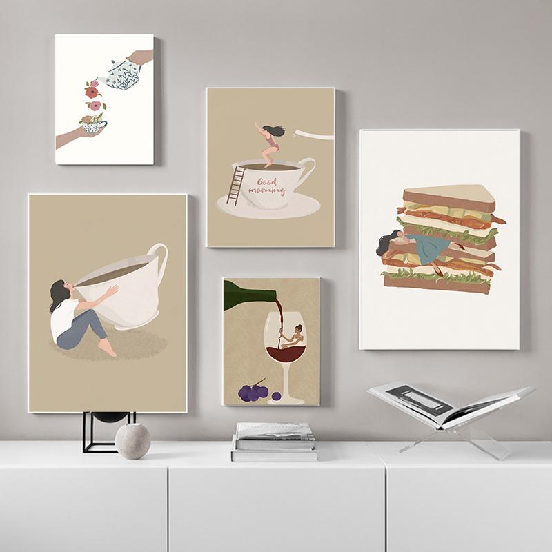 Flower Tea Cup Posters and Prints Bouquet Drink Wall Art HD Picture Pot Coffee Wine Boho Girl Canvas Painting Kitchen Home Decor