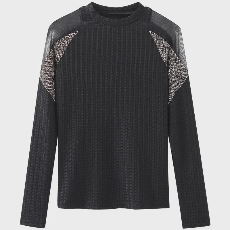 Top cu mâneci lungi din tricot plasă pentru femei Aiyimaiyi, gât rotund - Toamnă/Iarnă 2023