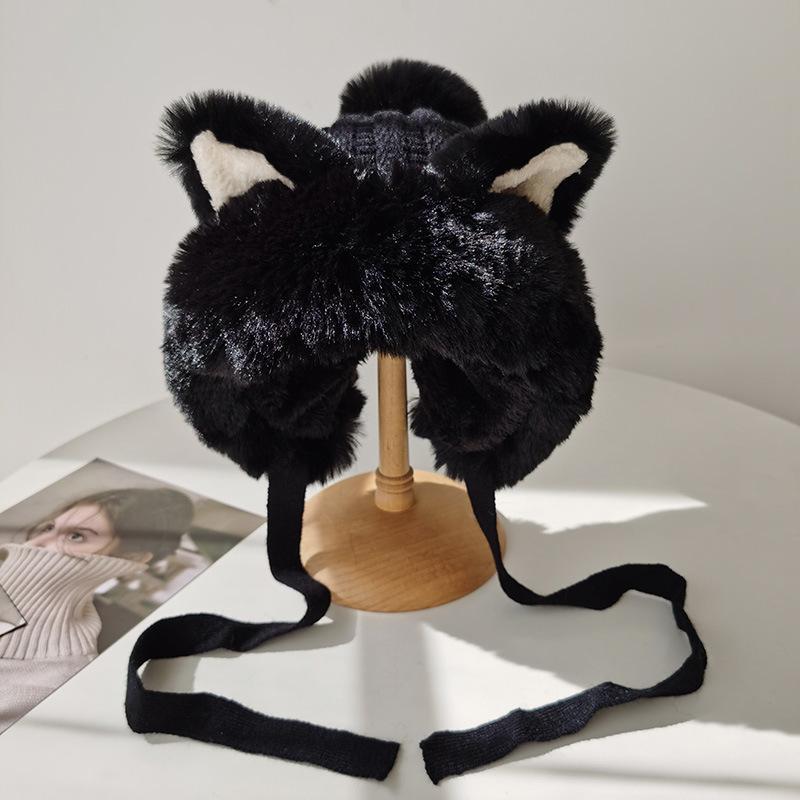 Winter Thickened Knitted Wool Hat Female Fox Ears Plush Lei Feng Hat Cold Warm Ear Protector Dome