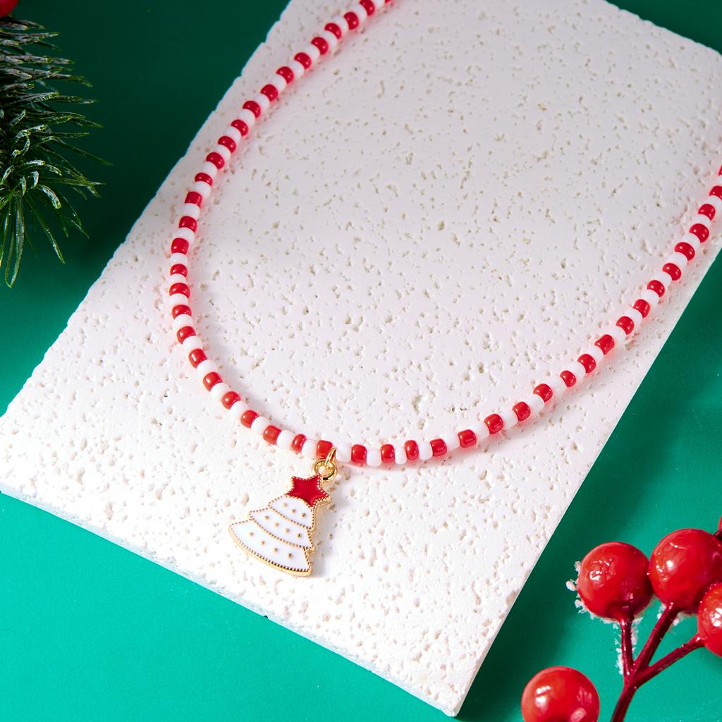 Merry Christmas Rice Beads Necklace For Women Girls Christmas Tree Snowman Santa Claus Crutch Clavicle Choker Xmas Jewelry Gifts