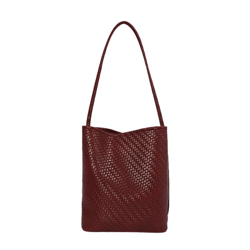 2026 Summer Korean Minimalist Woven Texture Bucket Bag - Large Capacity, Solid Color, Single Shoulder & Handheld