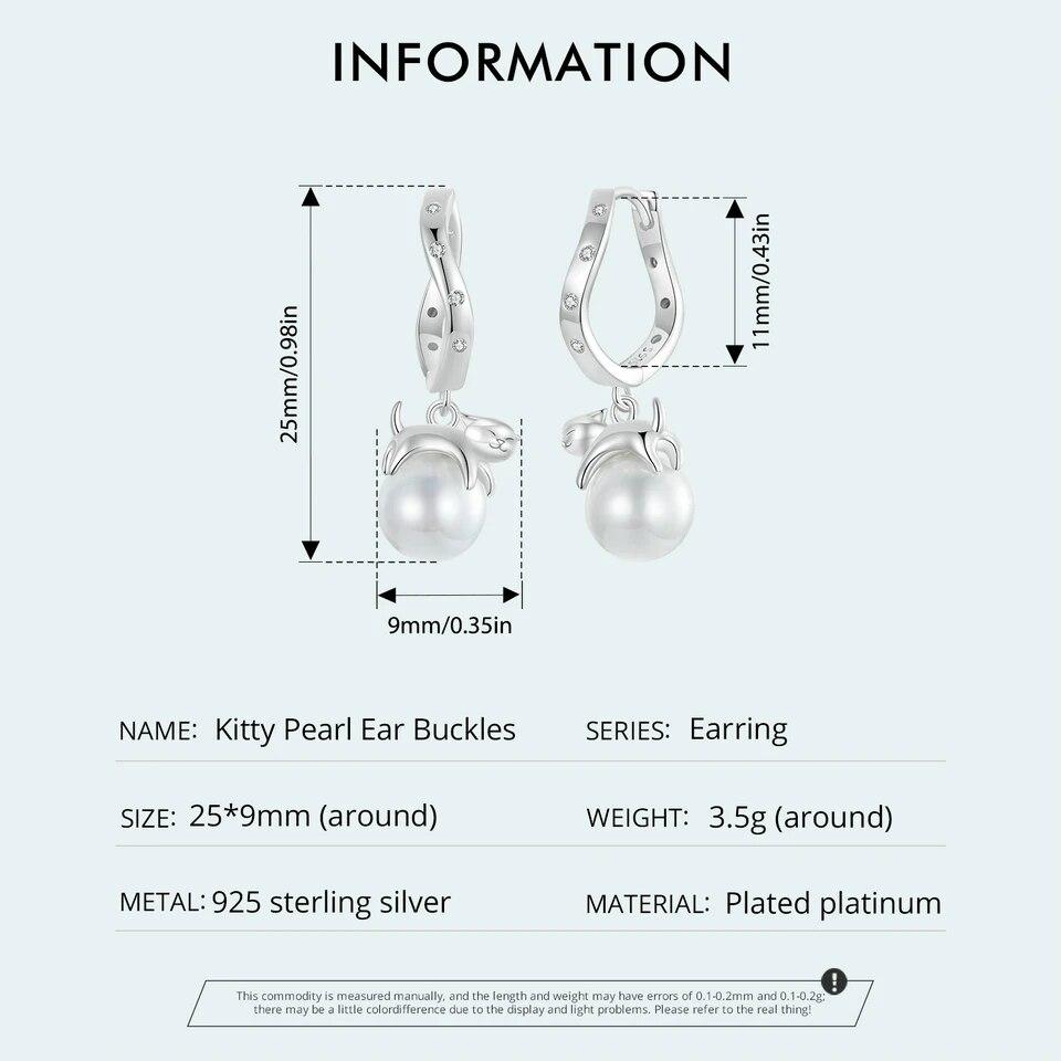 BAMOER 925 Sterling Silver High-quality Shell Pearl Ear Buckles Cute Kitty Hoop Earrings for Women Birthday Gift Fine Jewelry