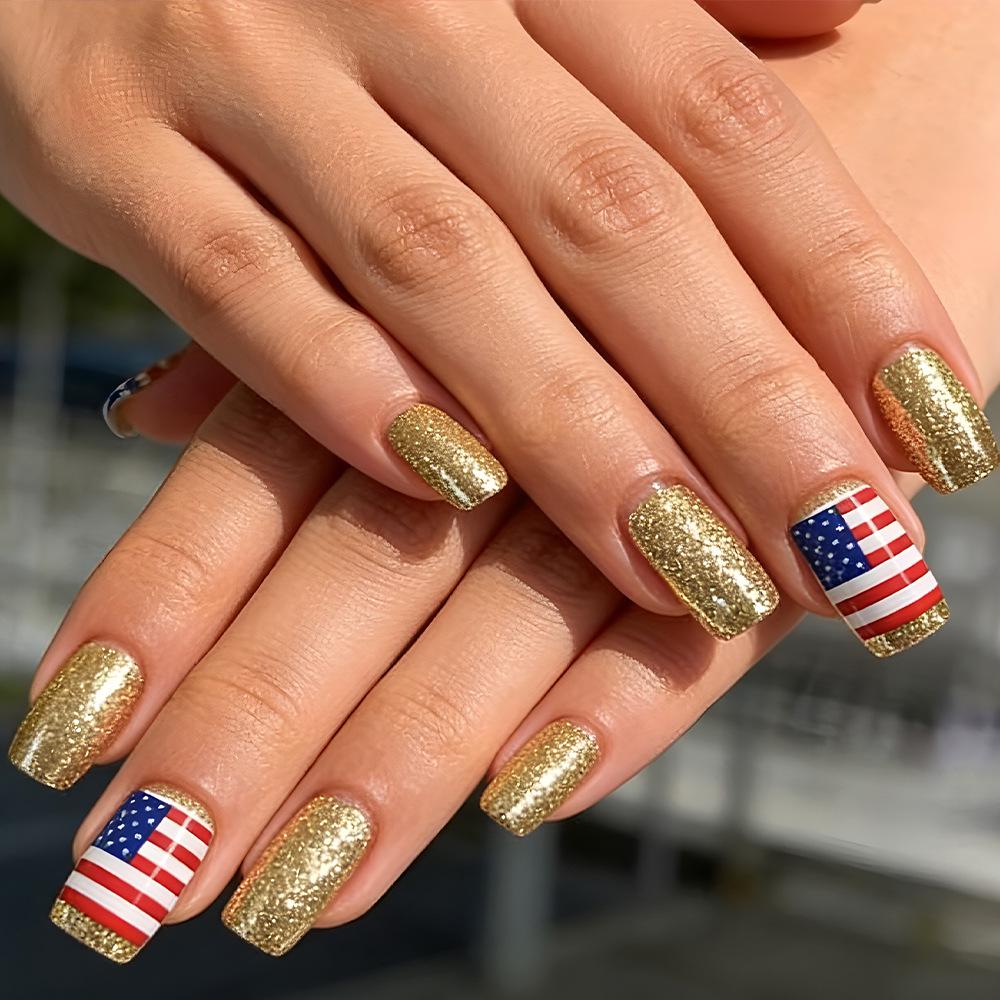 24-Piece Red-White Striped Gold Glitter Independence Day Medium Fake Nails