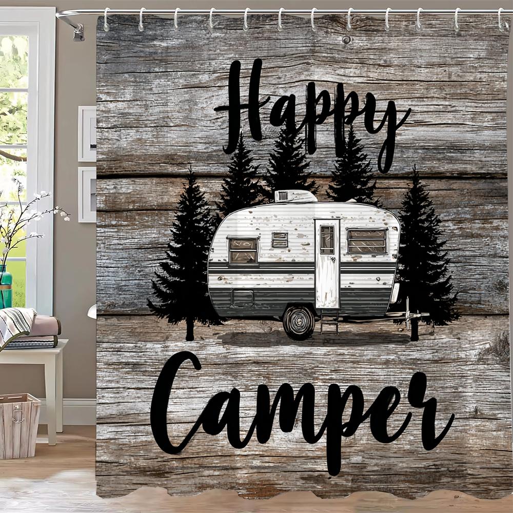 1Pc Cartoon Happy Camper Print Shower Curtain Partition Privacy Hanging Bathroom Curtain With 12 Hooks Machine Washable