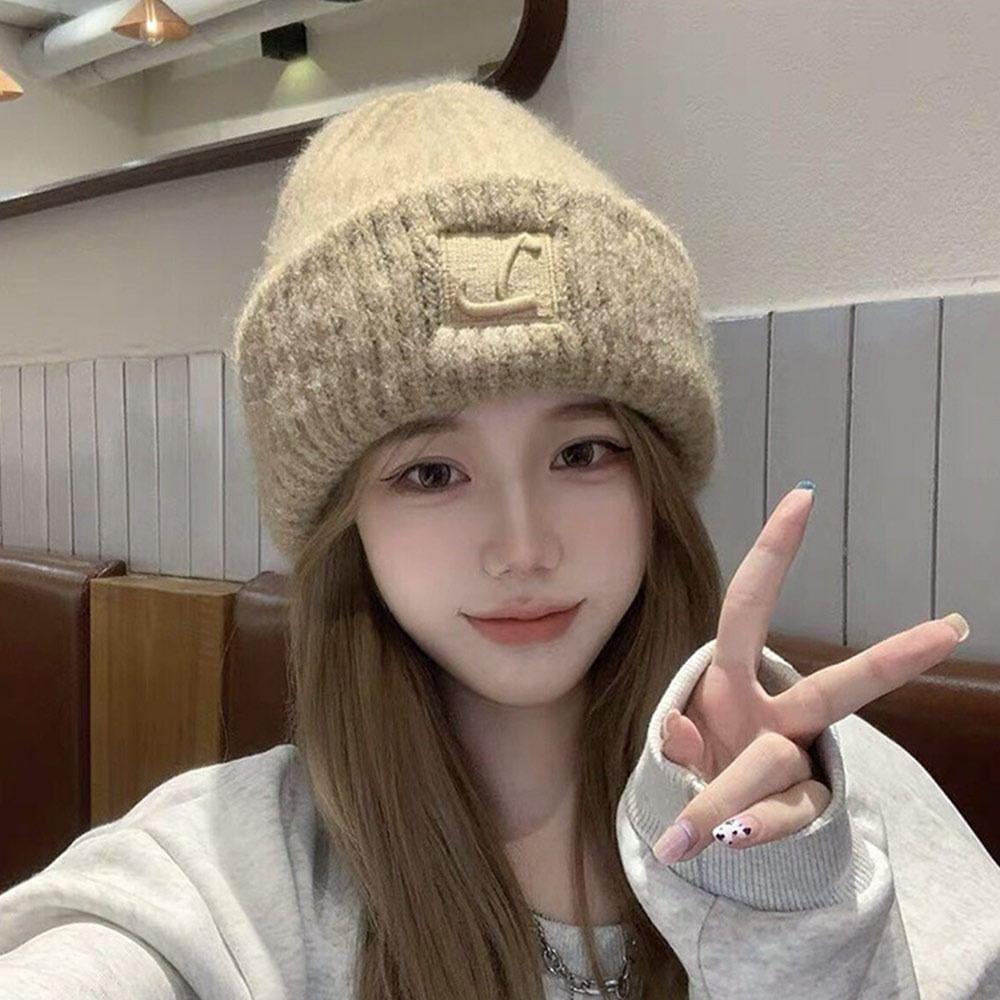 Windproof Warm Hat Solid Color Knitted Cap Winter Warm Beanies  Women