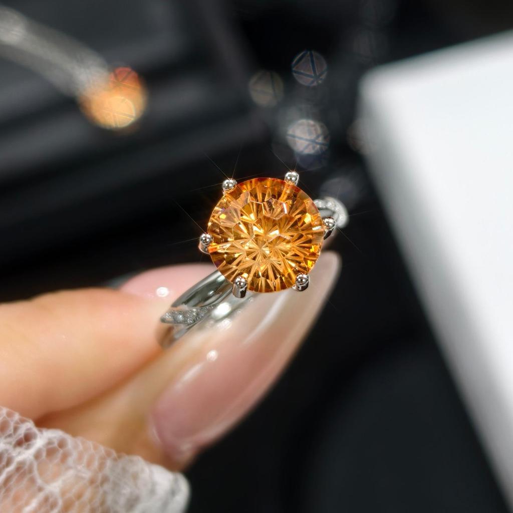 Fashion Fireworks Cut Bright Yellow Diamond Opening Ring Femininity Stud Earrings Pendant Necklace Three-piece Set