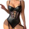 Backless Waist Spice Girl PU Leather Mesh Stitching Strap One-piece Sex Underwear