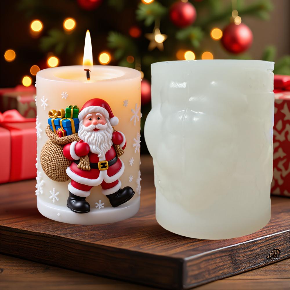 Santa Claus Carrying Gift Relief Cylindrical Candle Silicone Mold Smile Santa Claus Snowflake Gift Bag Molds Christmas Gift