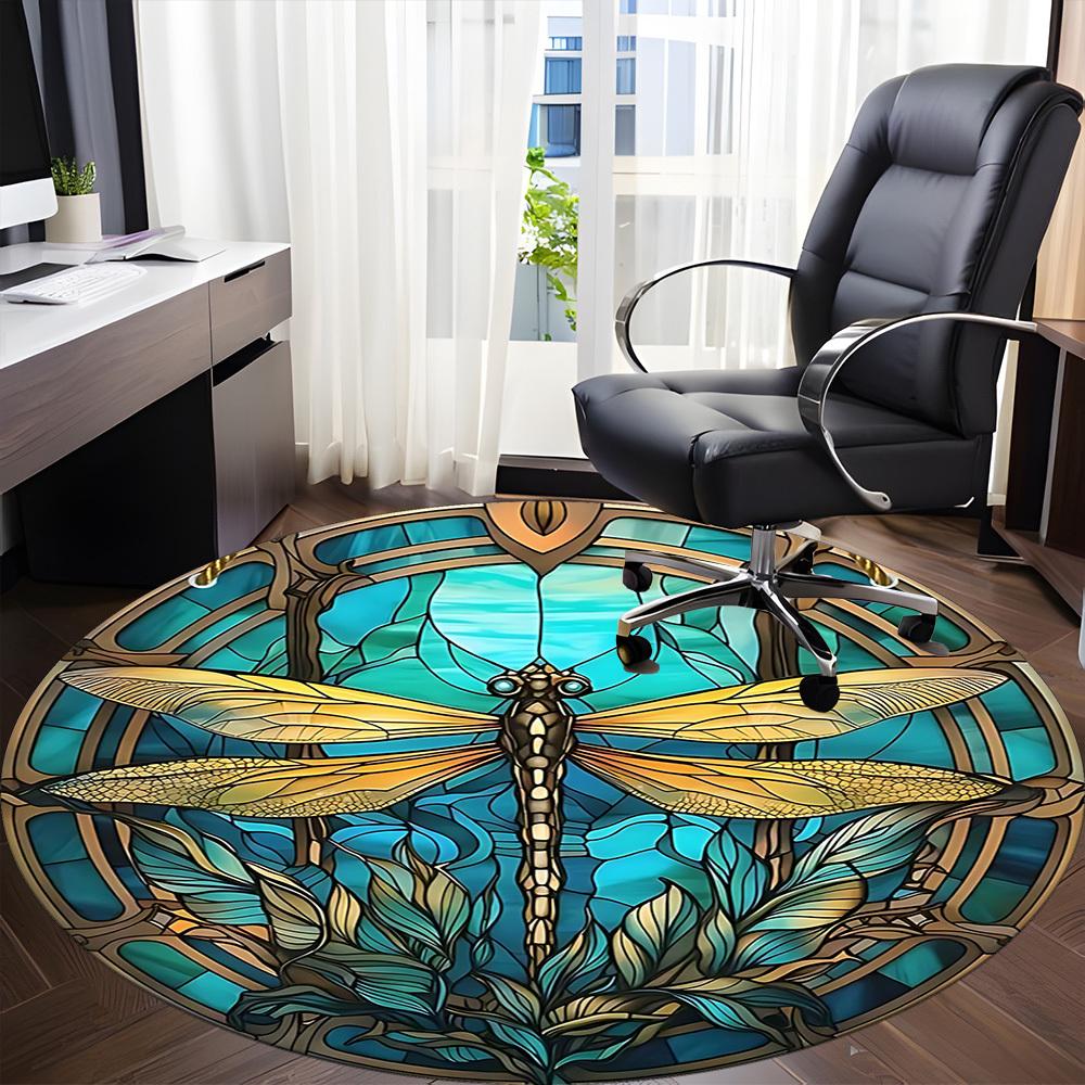 1PC Dragonfly StainedGlass Office Round Area Rug, Mat Suitable ForOffice, Under Office Chairs Bedroom Living Room Home Decor, Room Deco