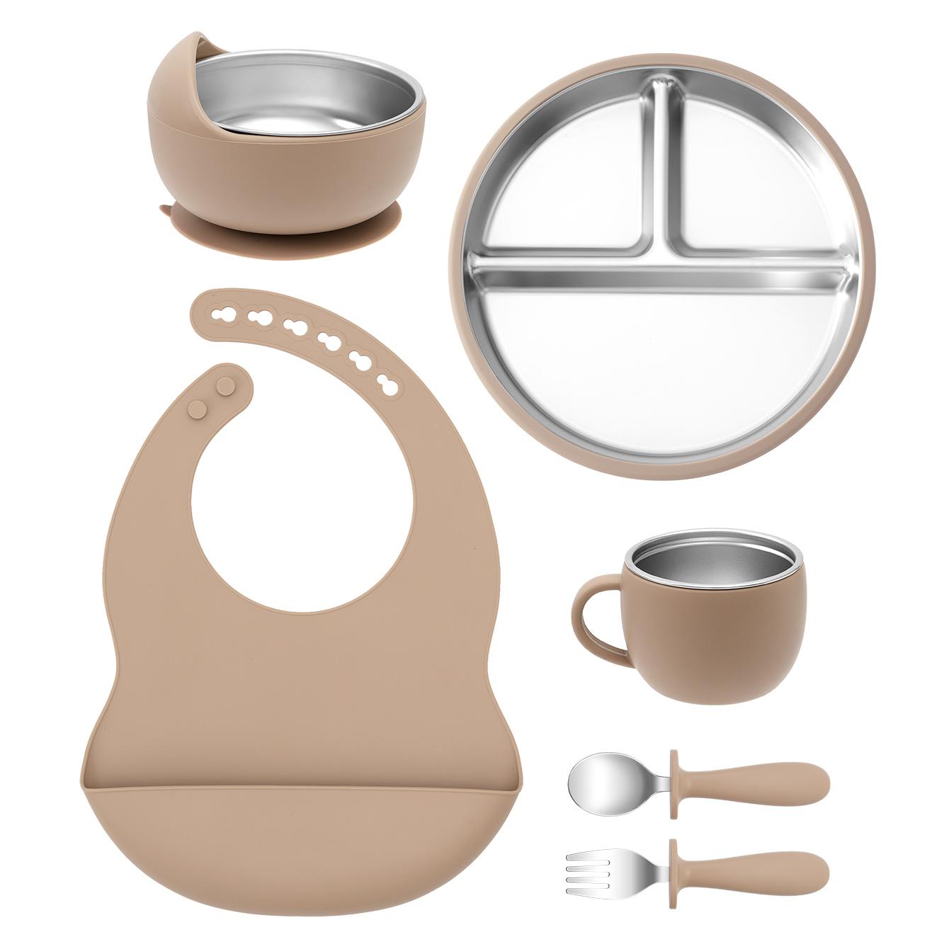 

Color Kids 6PCS Baby Feeding Set Stainless Steel Silicone Bowl Plate Bib Detachable Weaning Tableware BPA Free Infant Training