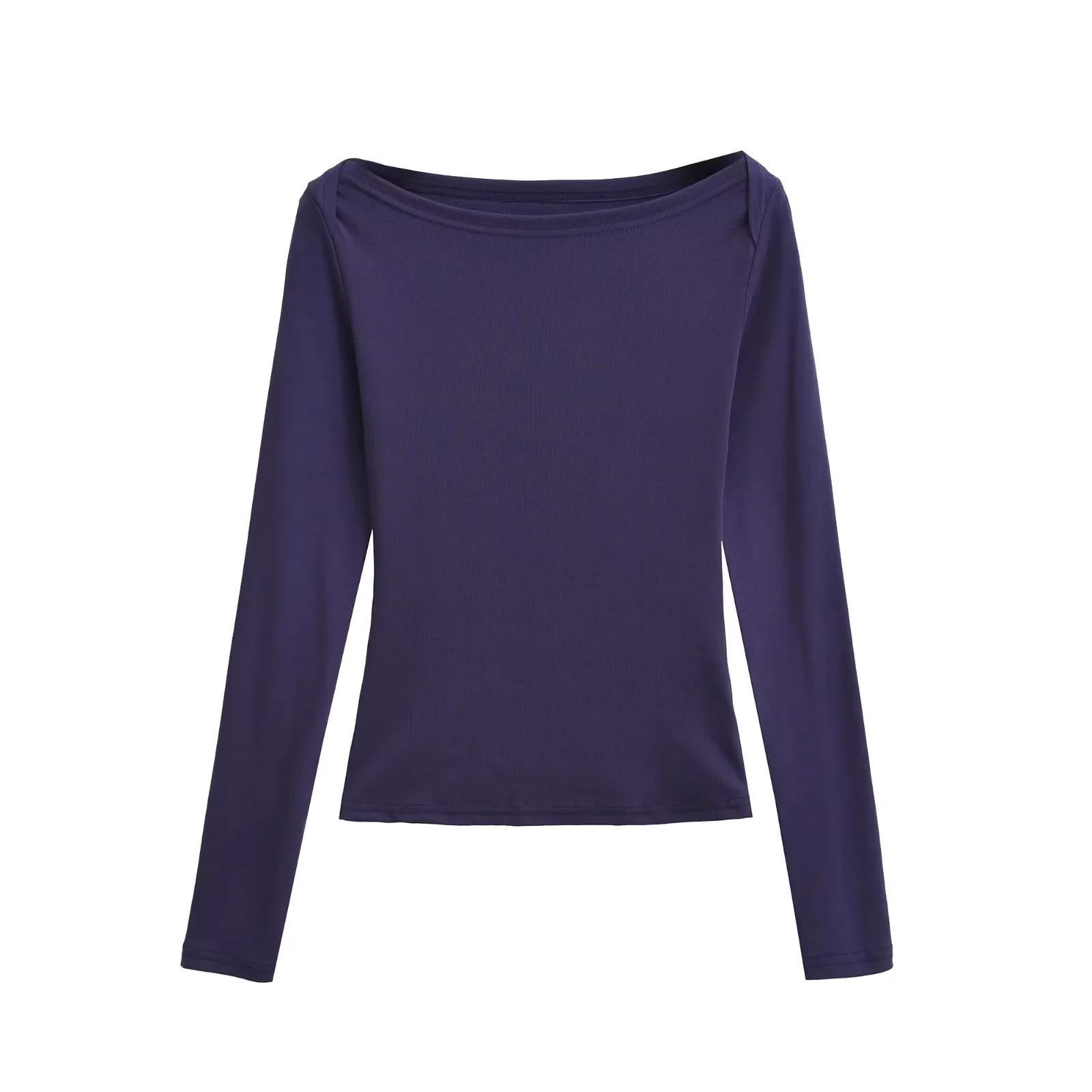 

American Spicy Girl Off-Shoulder Slim-Fit Long Sleeve Autumn T-Shirt for Women - Versatile Multi-Color Base Top Small темно-синий