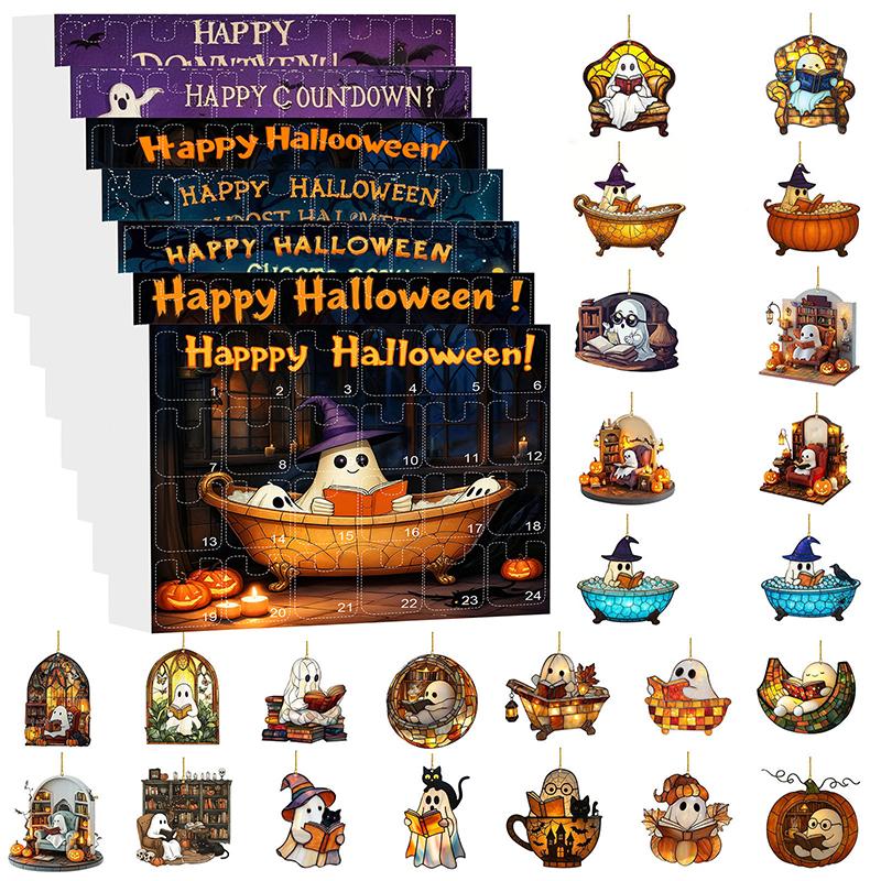 Halloween Countdown Calendar 24 PCS Ghost Bubble Bath Ornament Advent Calendar, Spooky Funny Ghost Reading Book Decor