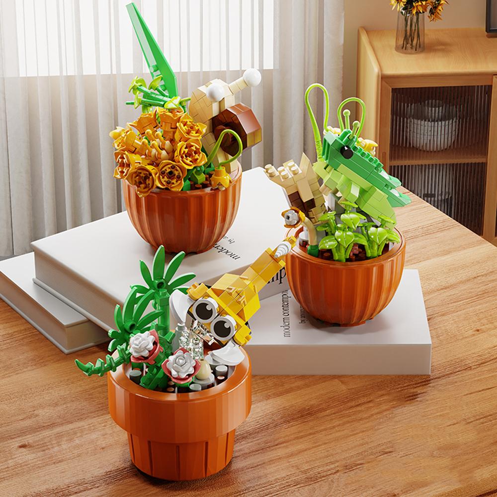 Insect Flower Pot Building Blocks Plastic Flowers Micro Blocks Potted Plant Home Decor Mother's Day New Year Gifts