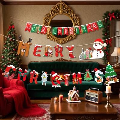 Merry Christmas Paper Banner Santa Claus Snowman Elk Hanging Flags Garland Xmas Tree Decoration Banner New Year Party Supplies