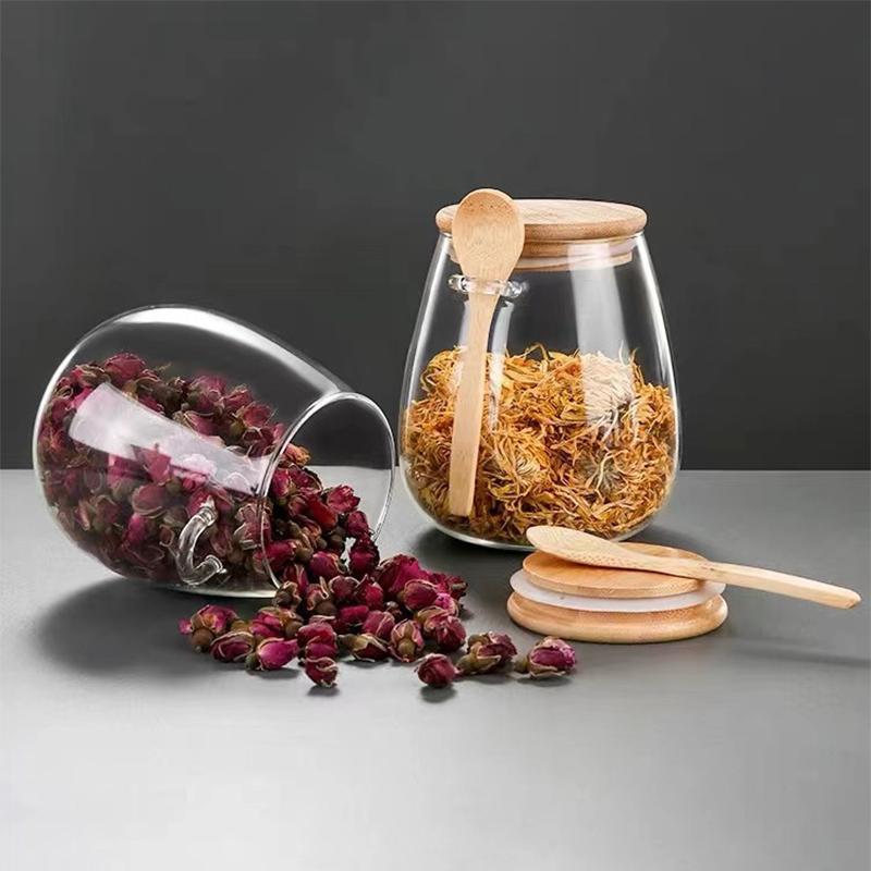 High borosilicate glass seasoning jar bamboo lid with spoon kitchen sealed jar household storage jar grain tea jar
