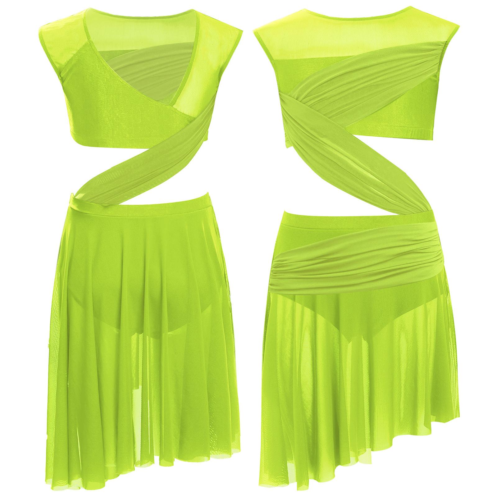 

Girls Lyrical Dance Dress One Piece Sleeveless Sheer Mesh Patchwork Asymmetrical Hem Performance Costume