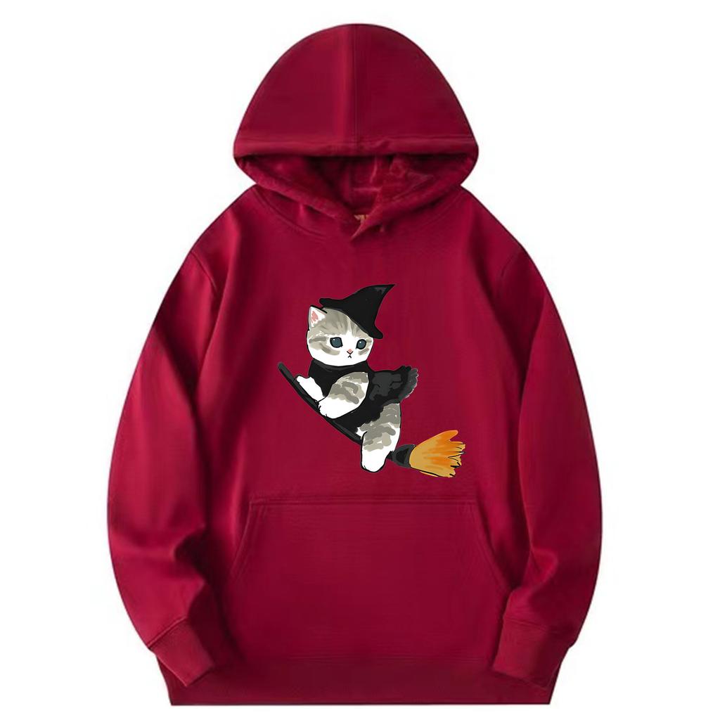 European and American Autumn and Winter Witch Cat Print Hoodie Sweatshirt for Men and Women, Korean Style Casual Tops for Couples